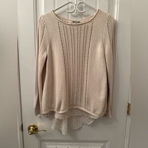 Lucky Brand Small Cream Cinema Split Back Cotton Sweater with Chiffon Underlayer